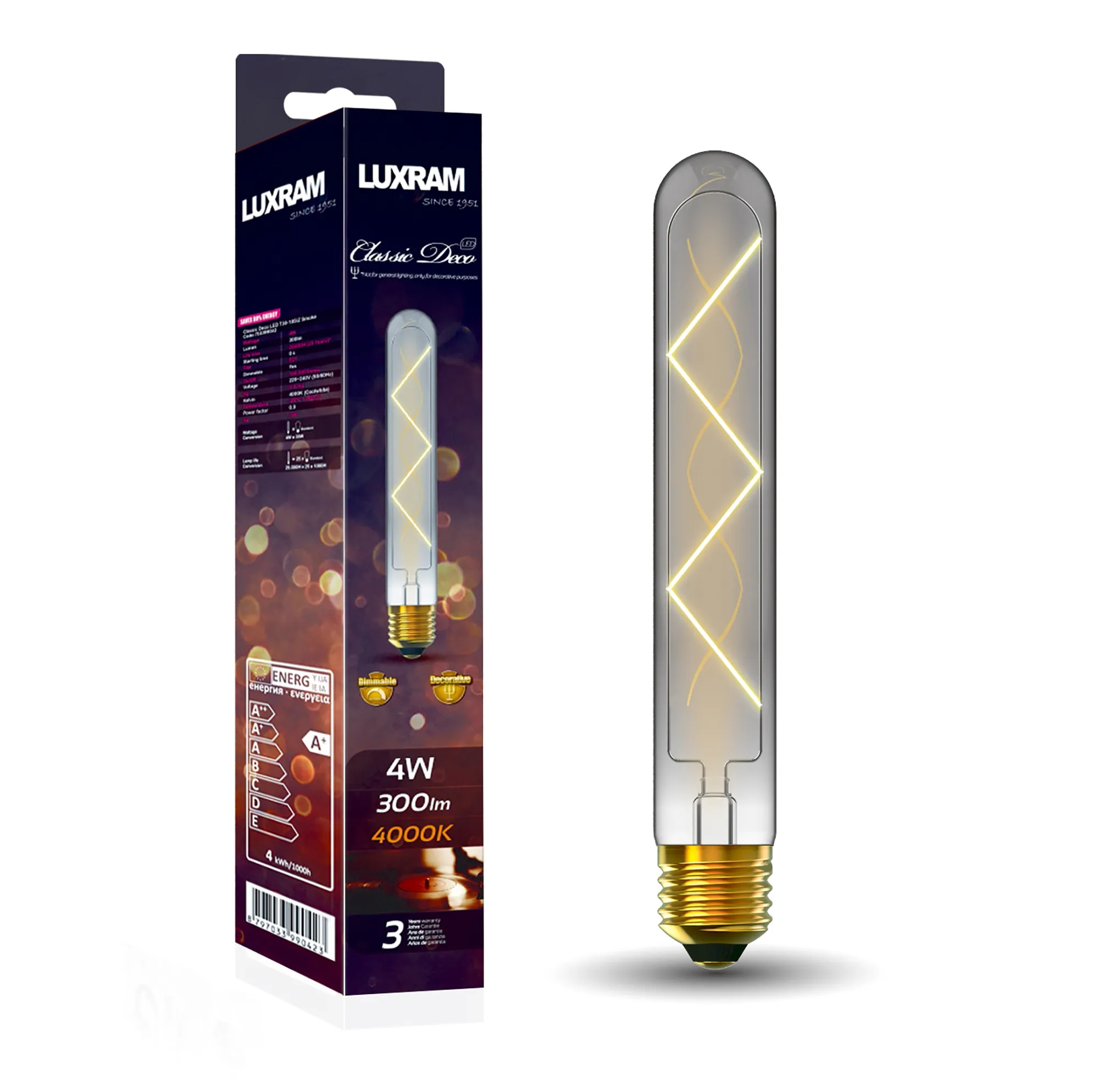 Classic Deco Tubular Z 185mm 4W E27 Dimmable 4000K 300lm 703399042  Luxram Value Vintage